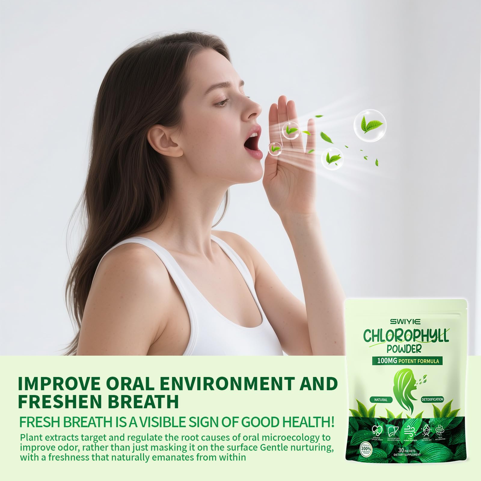 Juice poured with Swiyie chlorophyll powder for a convenient daily green mix.