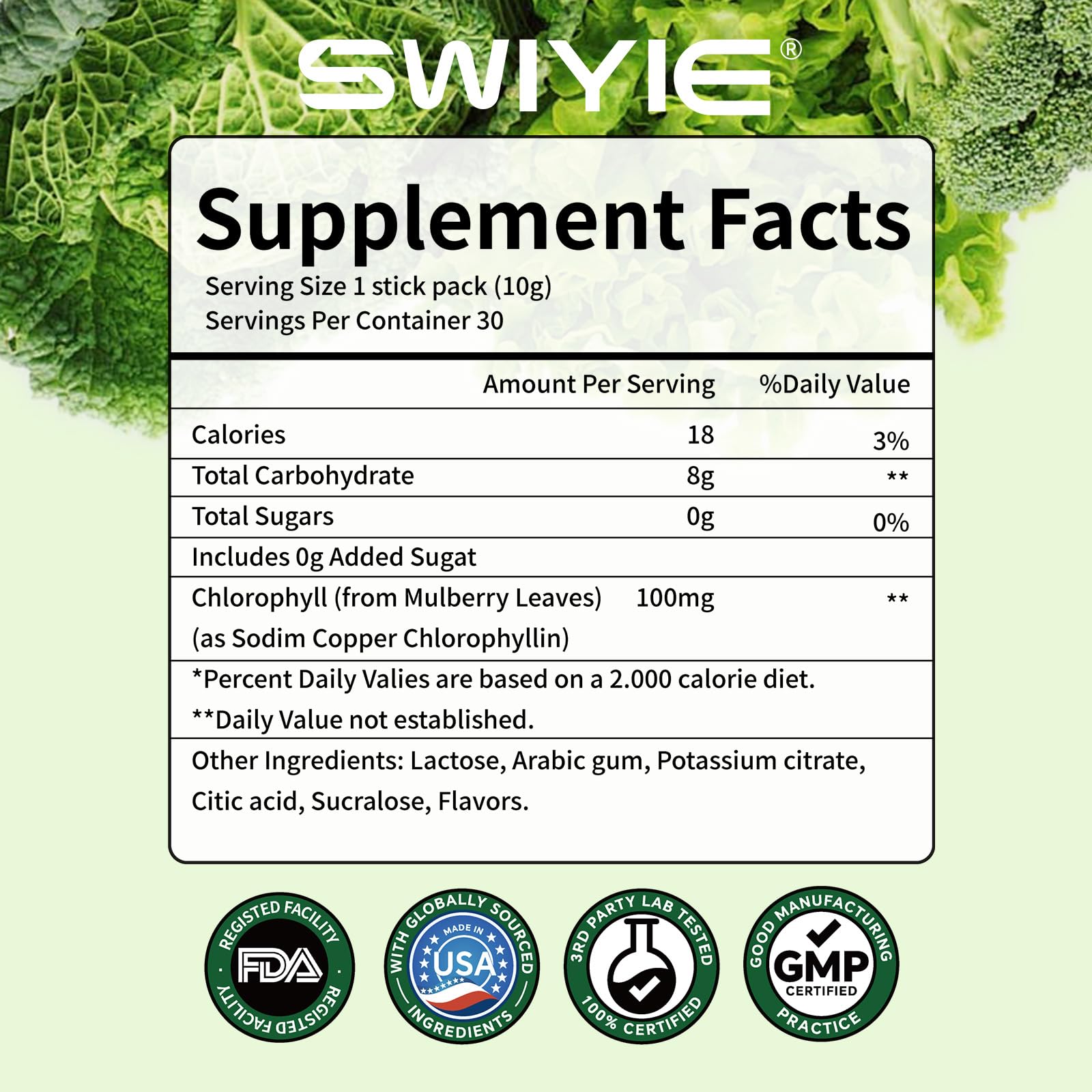 Swiyie chlorophyll powder bottle beside fresh greens on the counter.