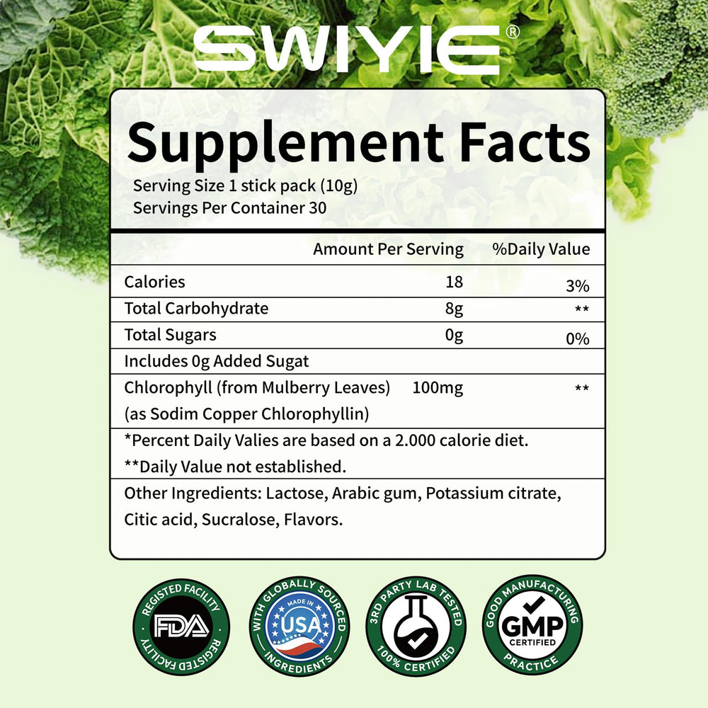 Swiyie chlorophyll powder bottle beside fresh greens on the counter.