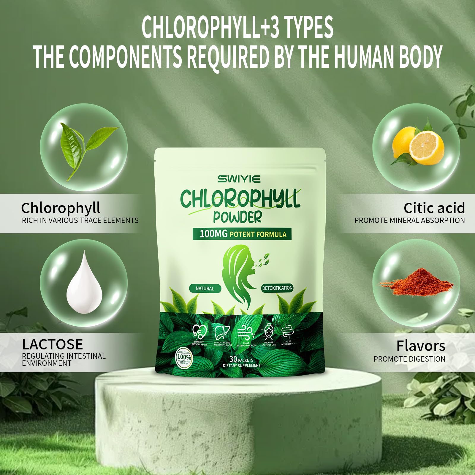 Blender blending Swiyie chlorophyll powder into a smoothie for natural energy boost.