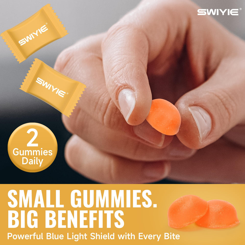 Swiyie Lutein Gummies bottle open to reveal gummies inside.