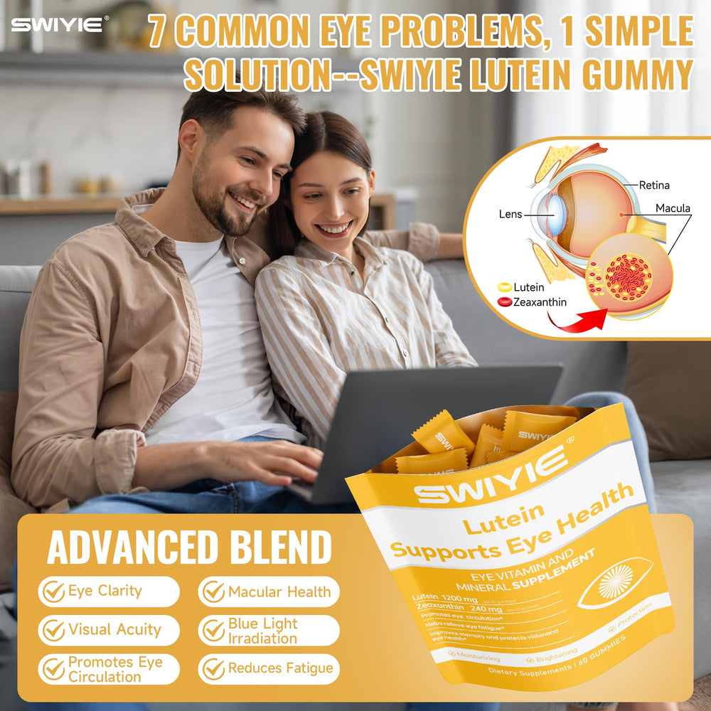 Swiyie Lutein Gummies beside glasses to suggest screen-friendly eye support.