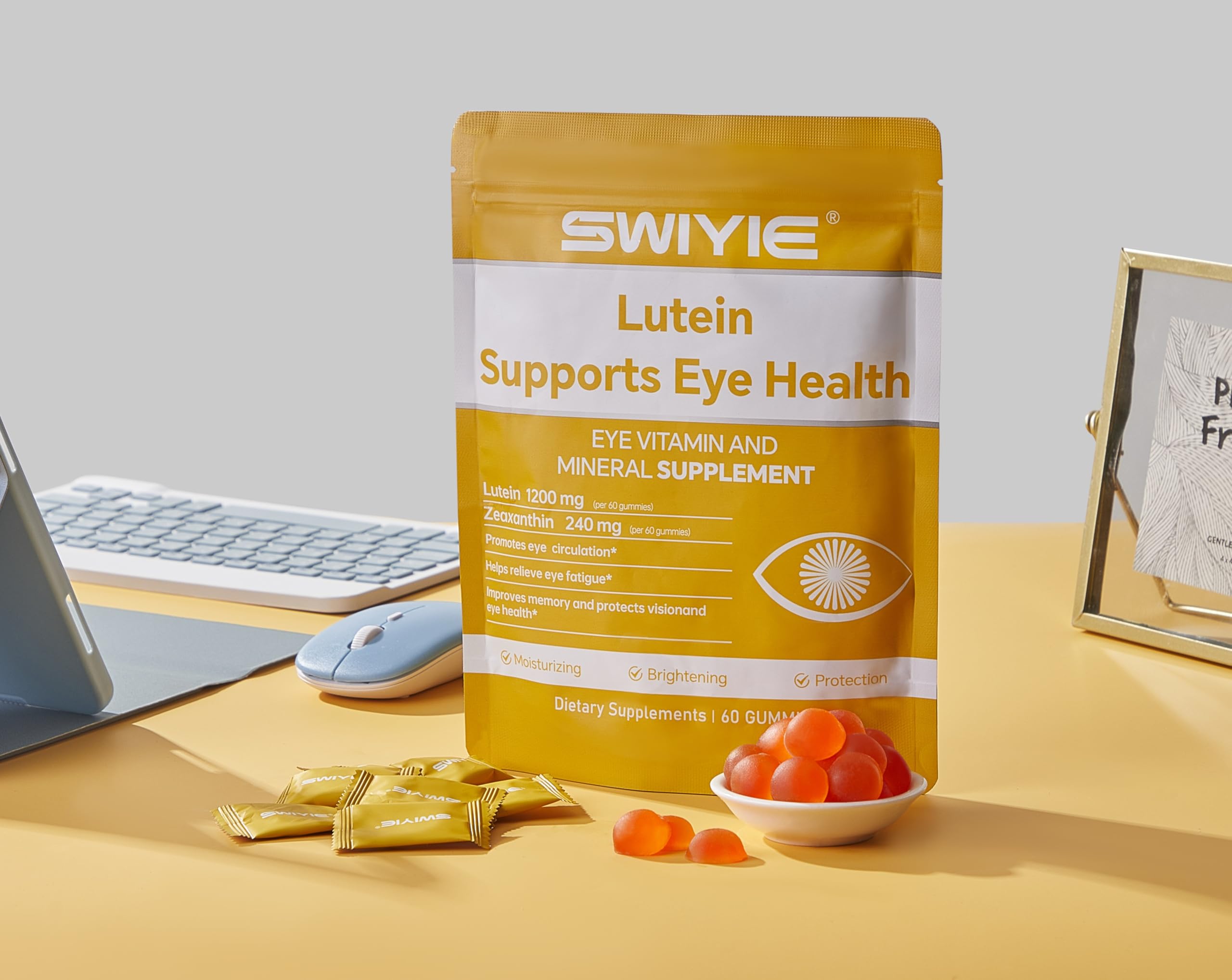 Swiyie Lutein Gummies panel showing lutein and vitamins for antioxidant support.