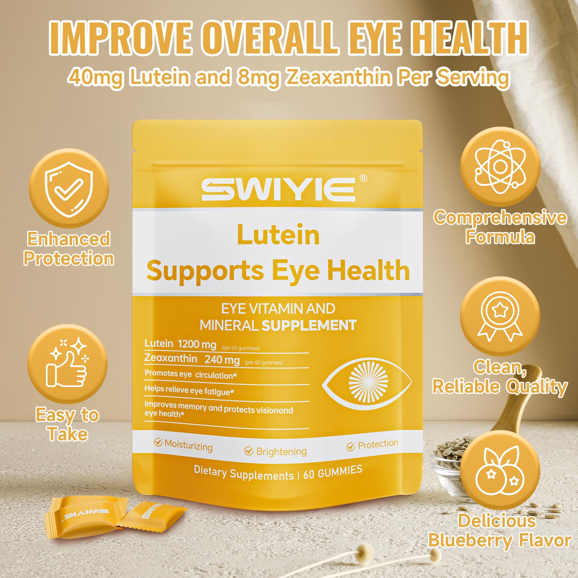 Swiyie Lutein Gummies close-up highlighting soft texture for easy chewing.