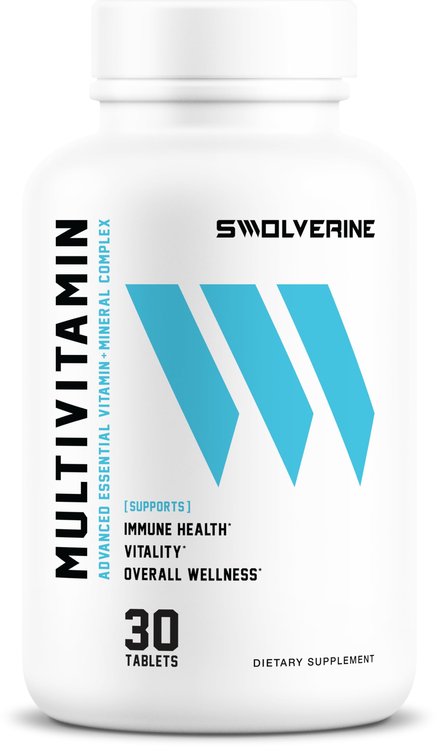 Swolverine Multivitamin bottle label showcases high potency daily vitamins for active lifestyles.