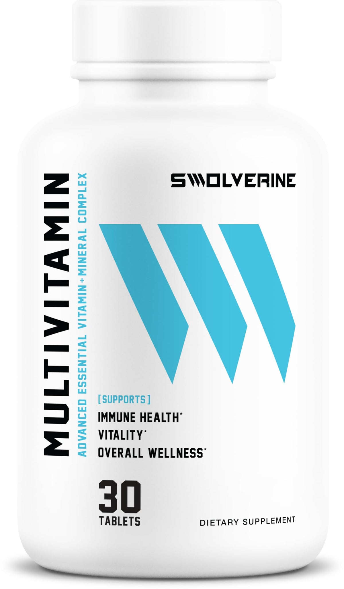 Swolverine Multivitamin bottle label showcases high potency daily vitamins for active lifestyles.