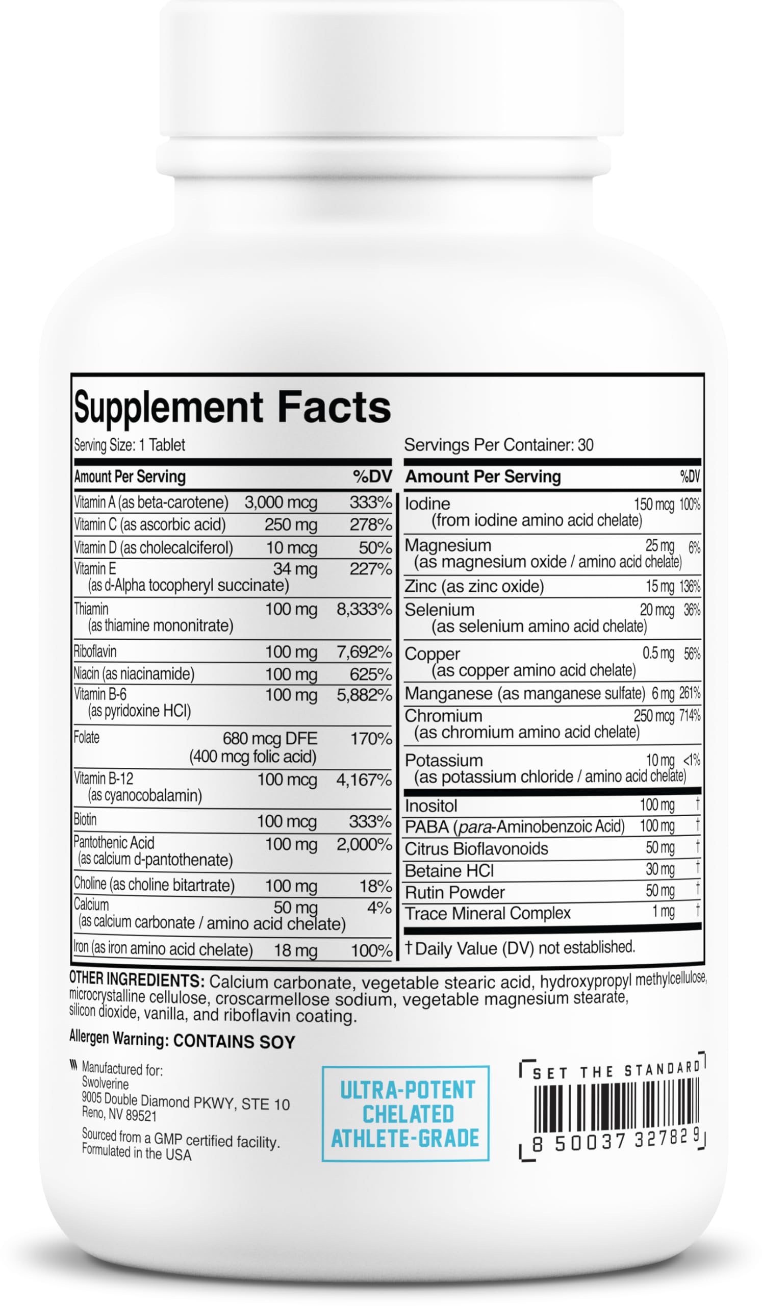 Close-up of Swolverine Multivitamin tablet highlighting essential minerals and B-vitamins for energy.