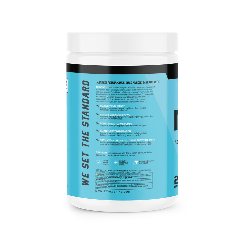 Swolverine PRE endurance workout scene highlighting caffeine-free focus.