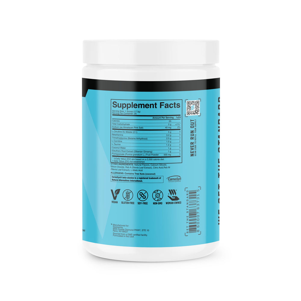 Swolverine PRE ingredient label closeup shows performance ingredients for enhanced training.