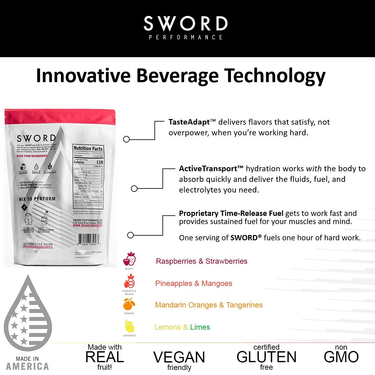 SWORD PERFORMANCE electrolyte berry bag closeup emphasizes natural ingredients and clean hydration