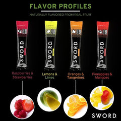 Sword Performance pineapple mango packs with scoop highlighting tropical flavor hydration