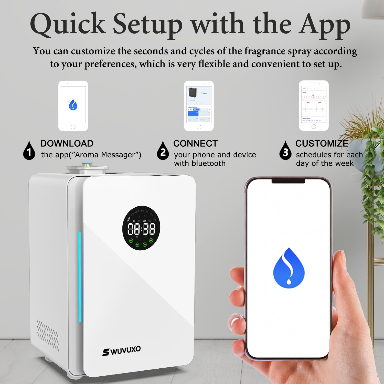 Swuvuxo Bluetooth app setup for remote diffusion scheduling.