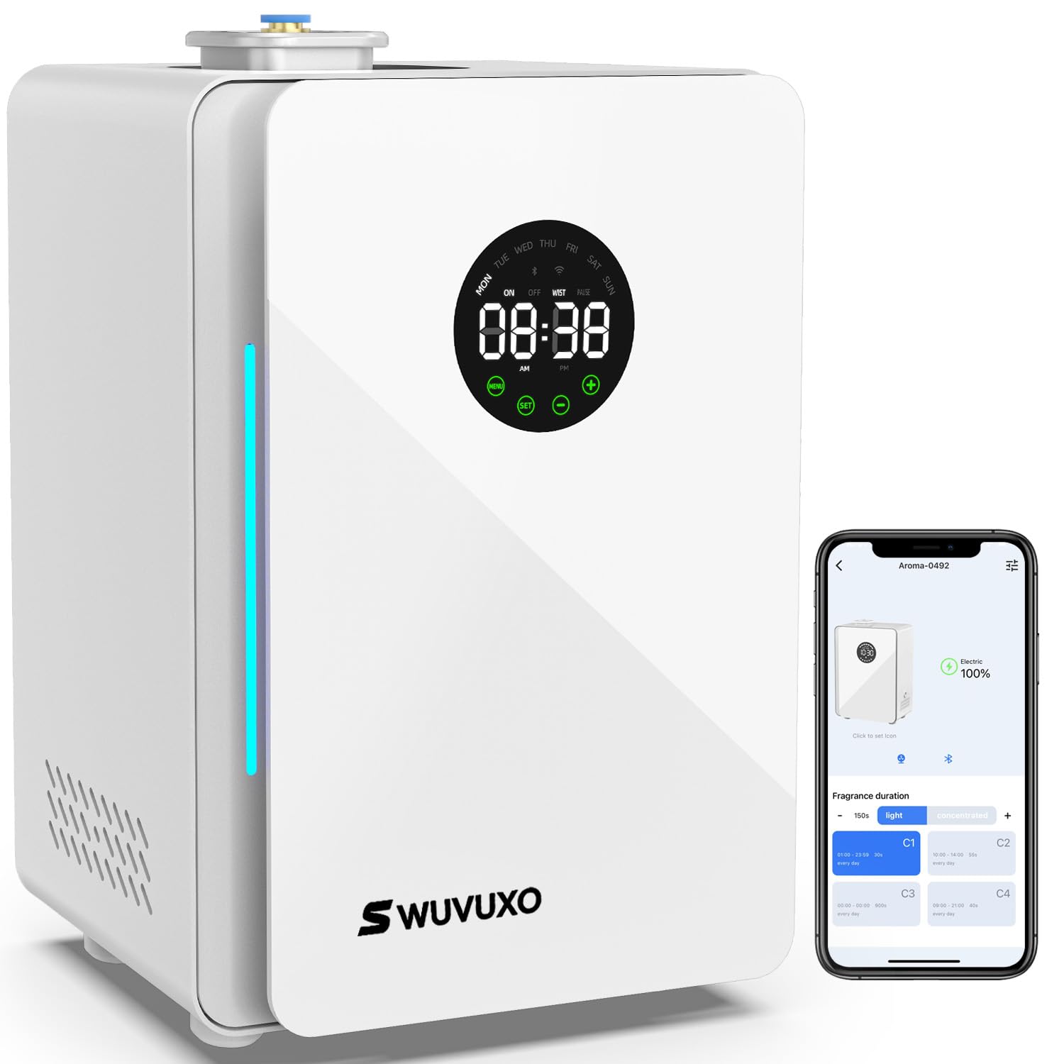 Swuvuxo hotel scent diffuser in white, front view, for large spaces.