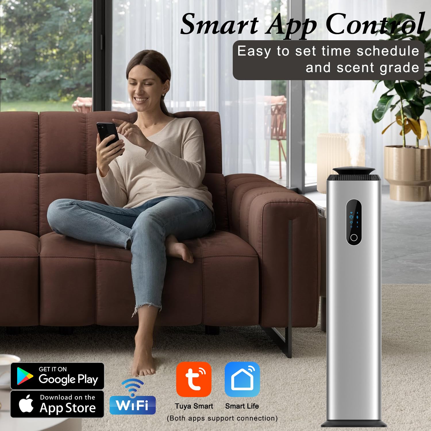 Swuvuxo diffuser controlled via Tuya Smart app for remote scheduling.
