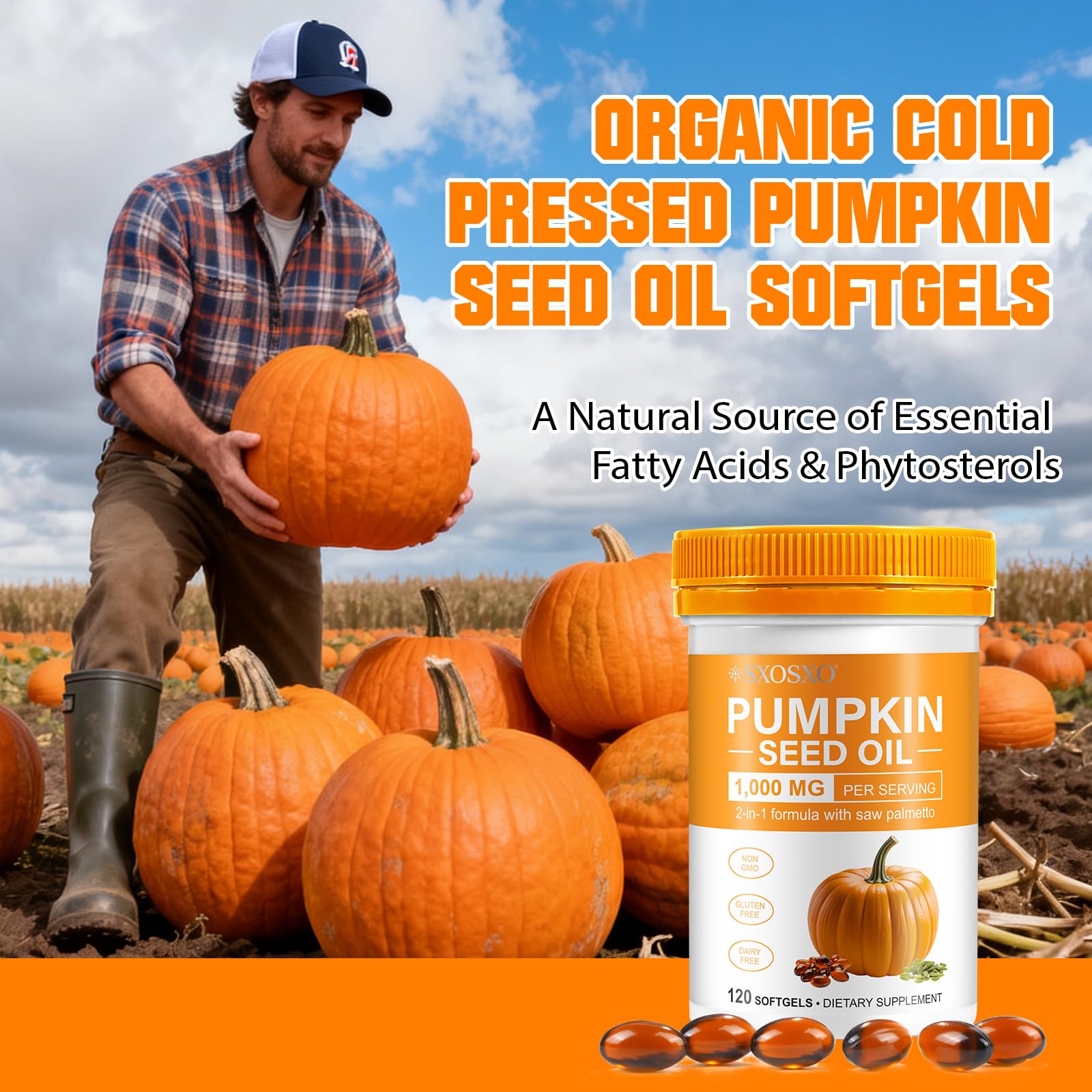 SXOSXO pumpkin seed oil daily-use visual showing synergistic saw palmetto mix.