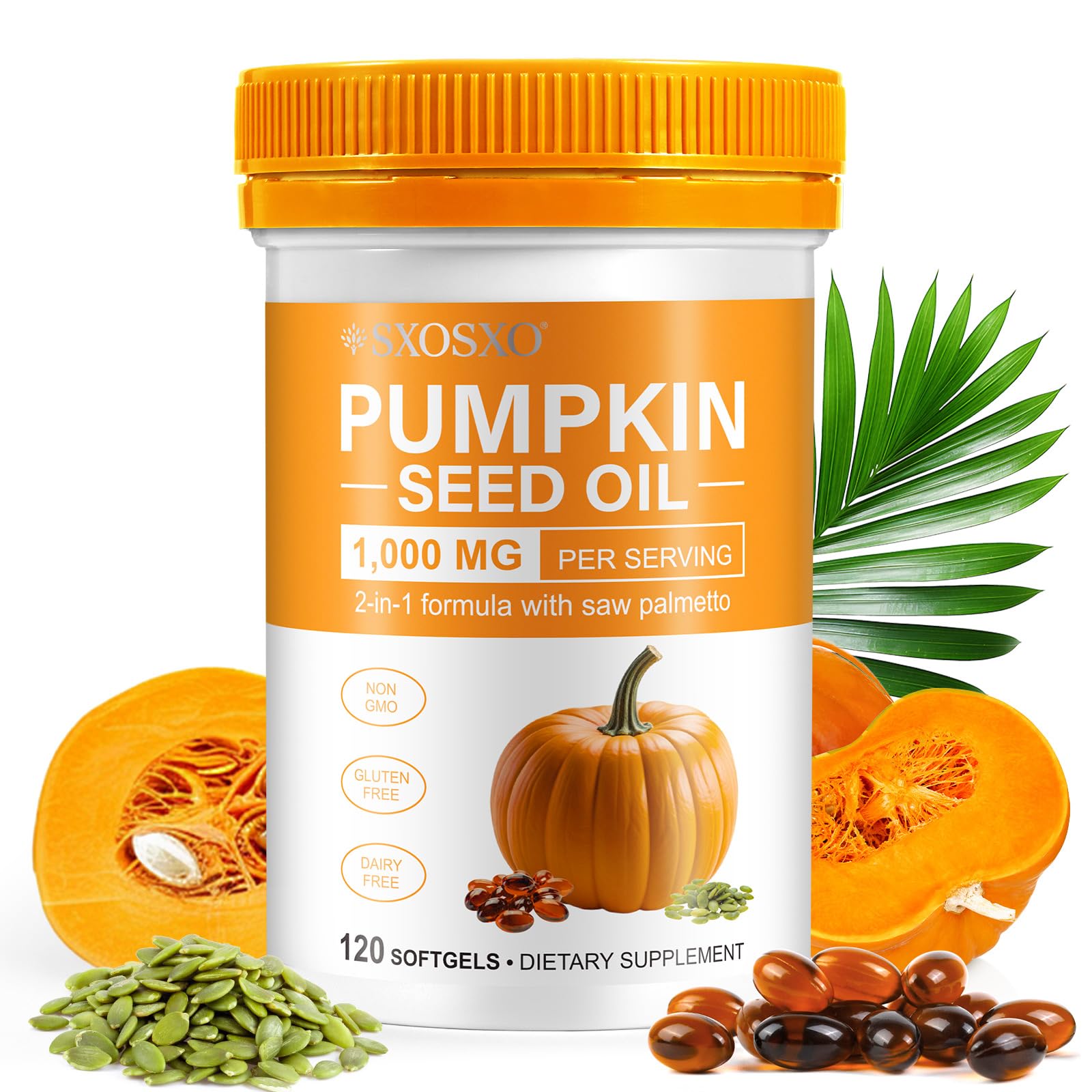 SXOSXO pumpkin seed oil softgels bottle for daily hair vitality and potential urinary support.