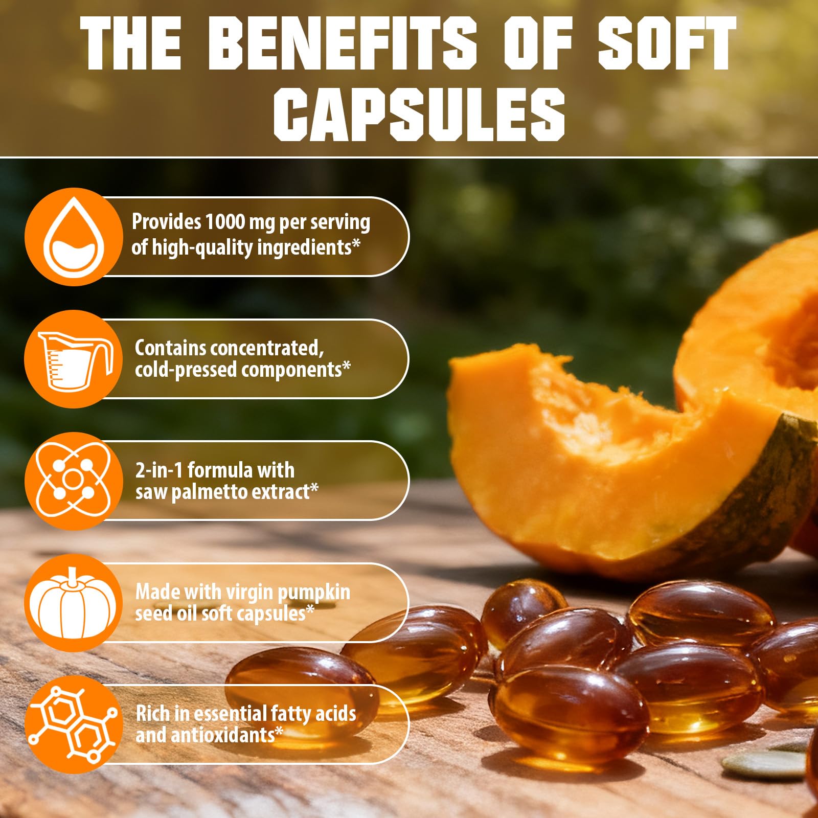 SXOSXO pumpkin seed oil softgels closeup showing easy swallow for daily use.