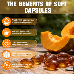 SXOSXO pumpkin seed oil softgels closeup showing easy swallow for daily use.