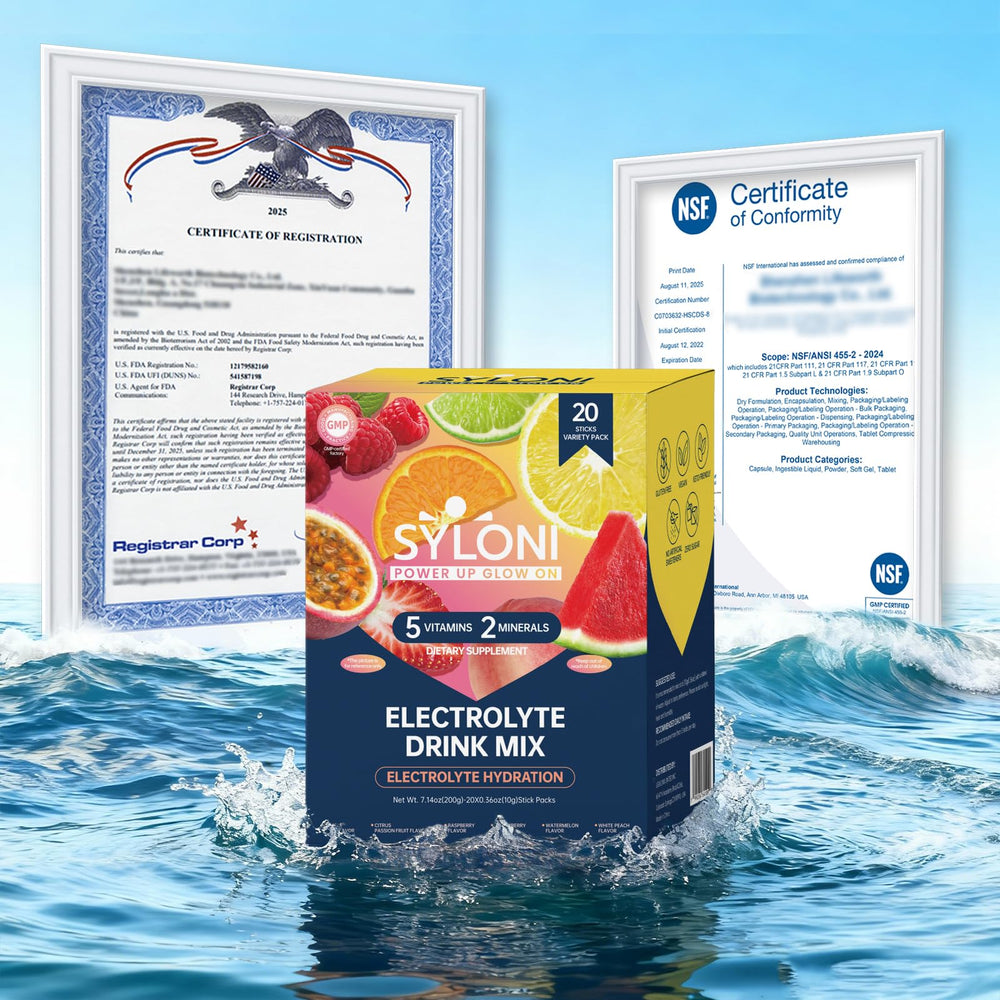 Syloni electrolytes 20-stick pack open showing convenient single serving sachets