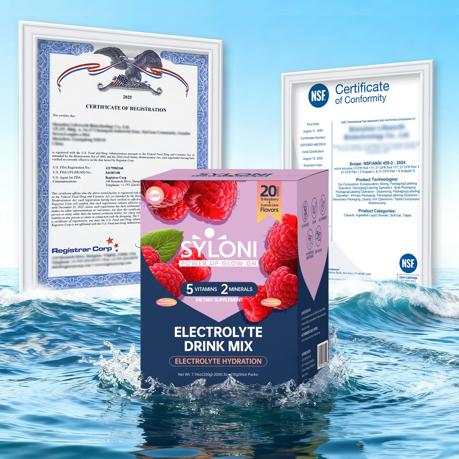 Syloni Raspberry electrolyte packet front, convenient single-serve hydration on the go.