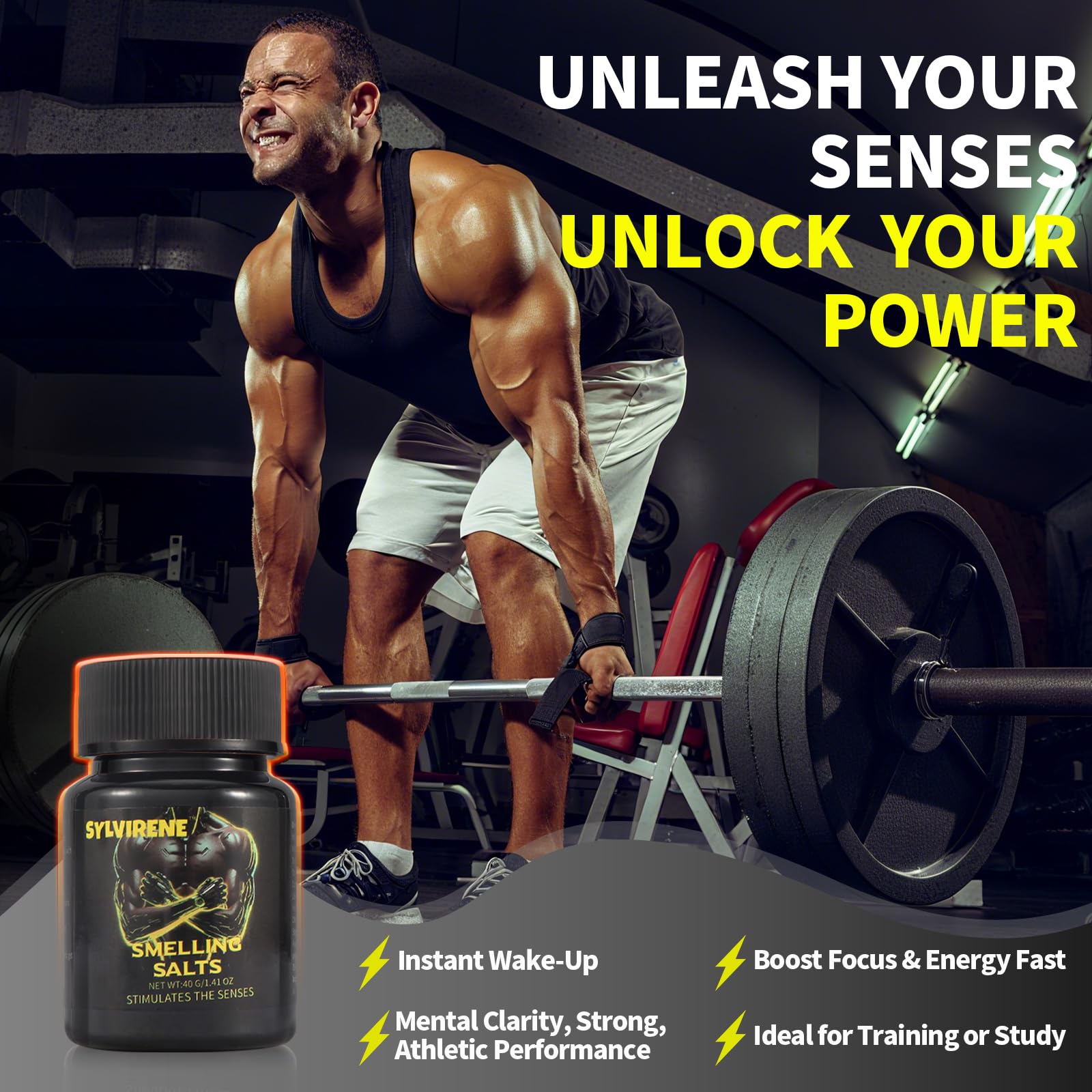 Sylvirene athlete using sniff salts for quick energy before lifts