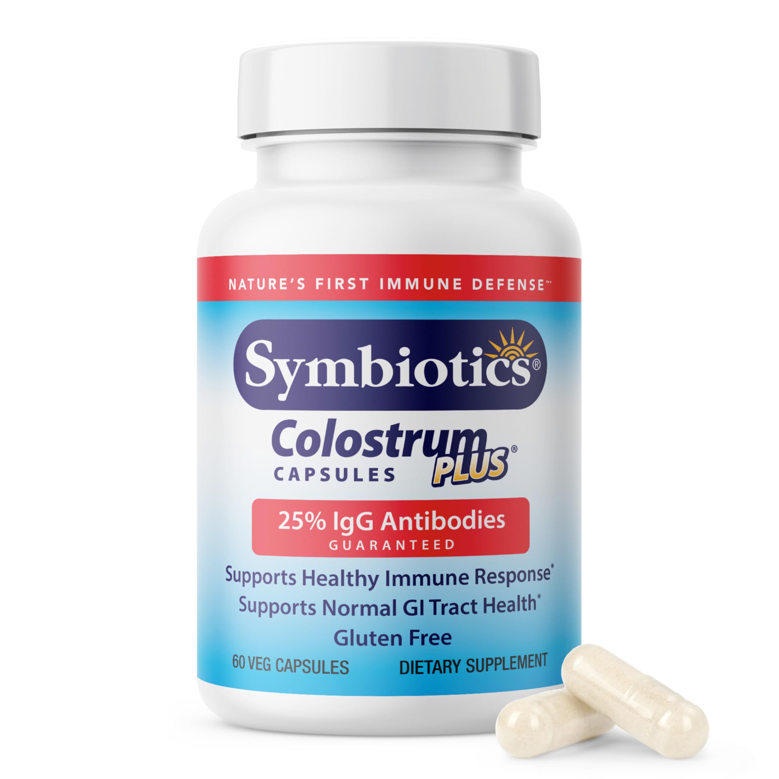 Symbiotics Colostrum bottle of 60 capsules for easy immune support.