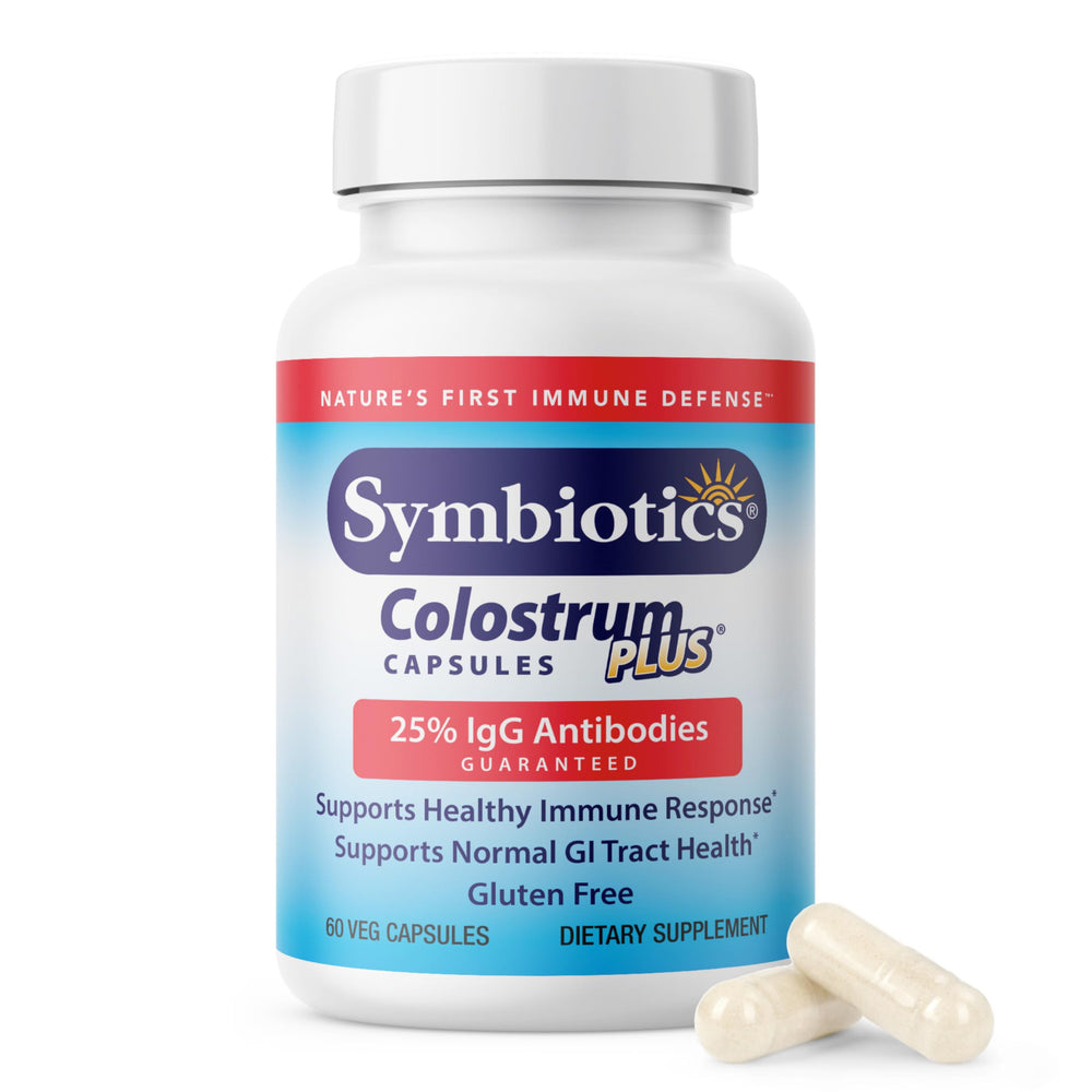 Symbiotics Colostrum bottle of 60 capsules for easy immune support.