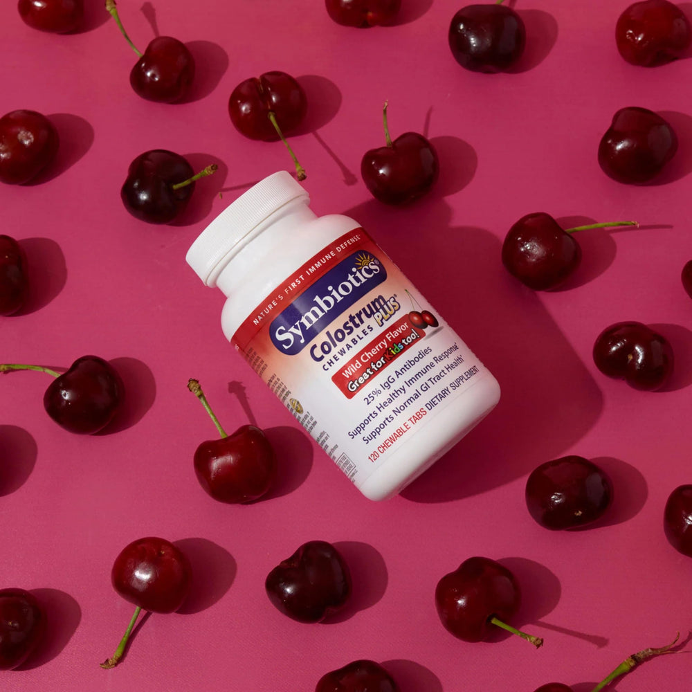 Kid-friendly wild cherry flavor image from Symbiotics Colostrum Chewables Plus.