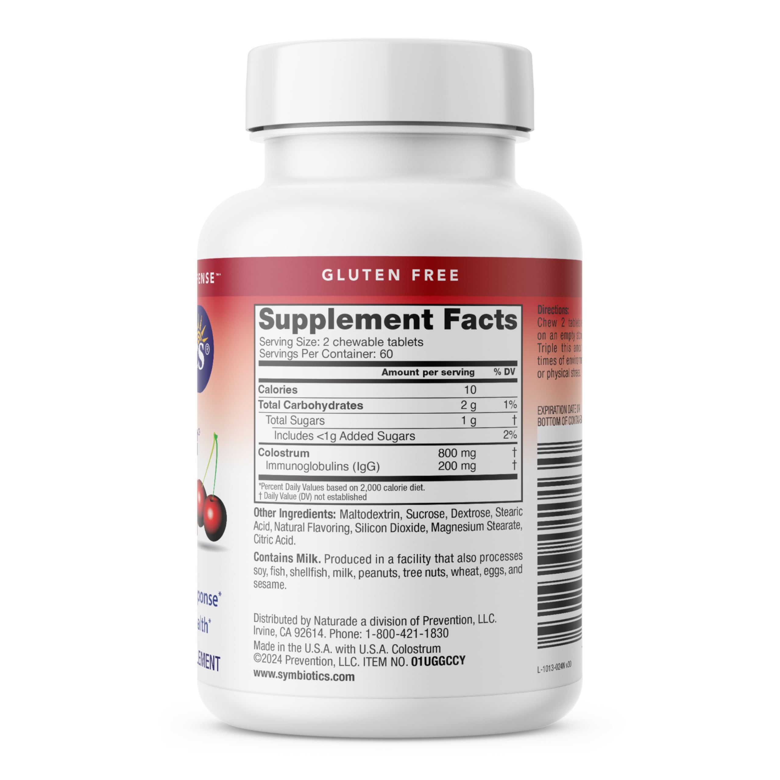 Packaging display of 120-count Symbiotics Colostrum Chewables Plus.