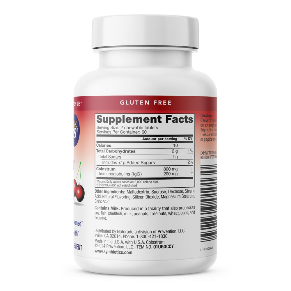 Packaging display of 120-count Symbiotics Colostrum Chewables Plus.