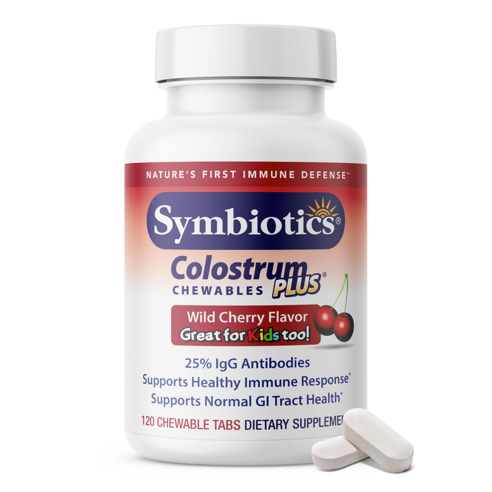 Symbiotics Colostrum Chewables Plus wild cherry bottle for immune and daily use.