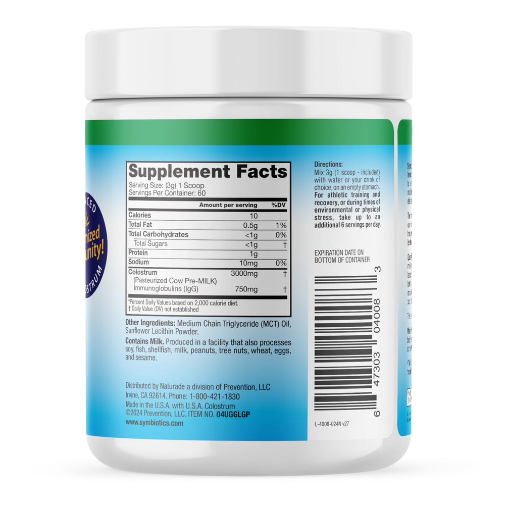 Symbiotics Colostrum Plus daily use with scoop and glass