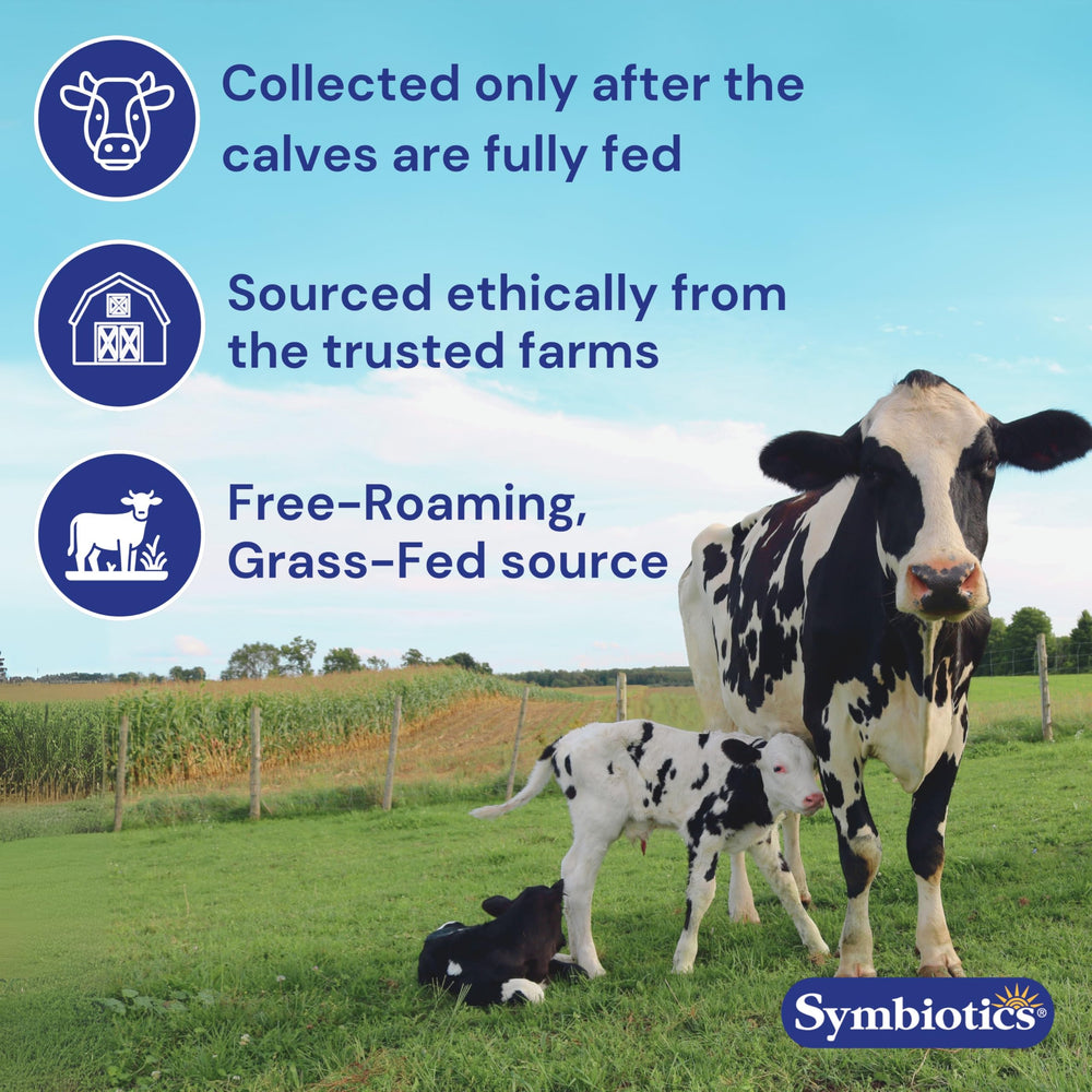 Symbiotics Colostrum Plus digestive balance with healthy snacks nearby