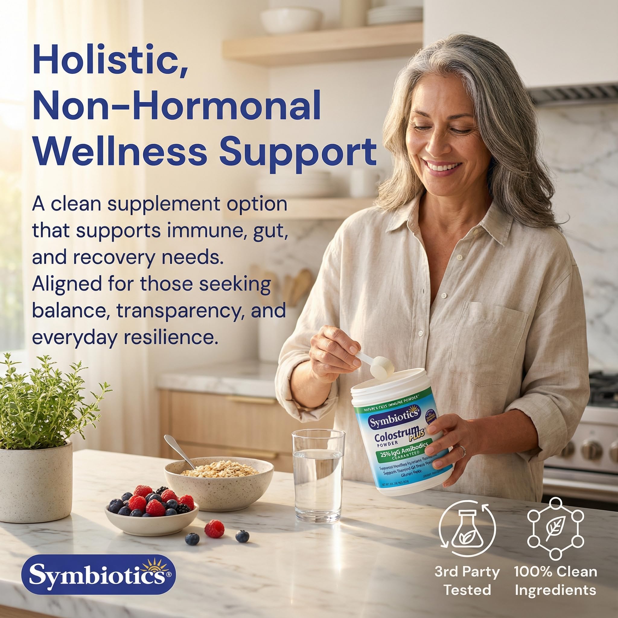 Symbiotics Colostrum Plus immune support potential for daily resilience.