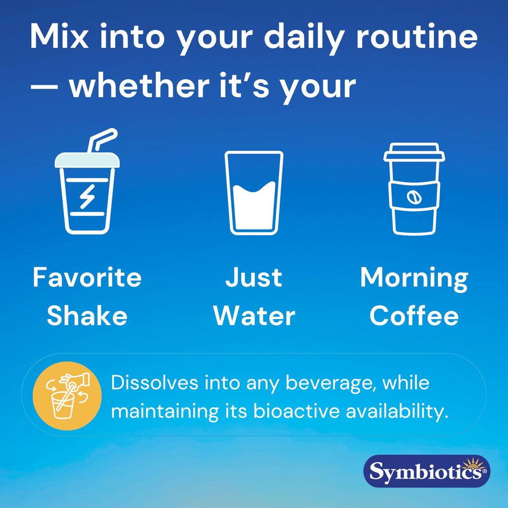 Symbiotics Colostrum Plus shown with breakfast setting for routine wellness