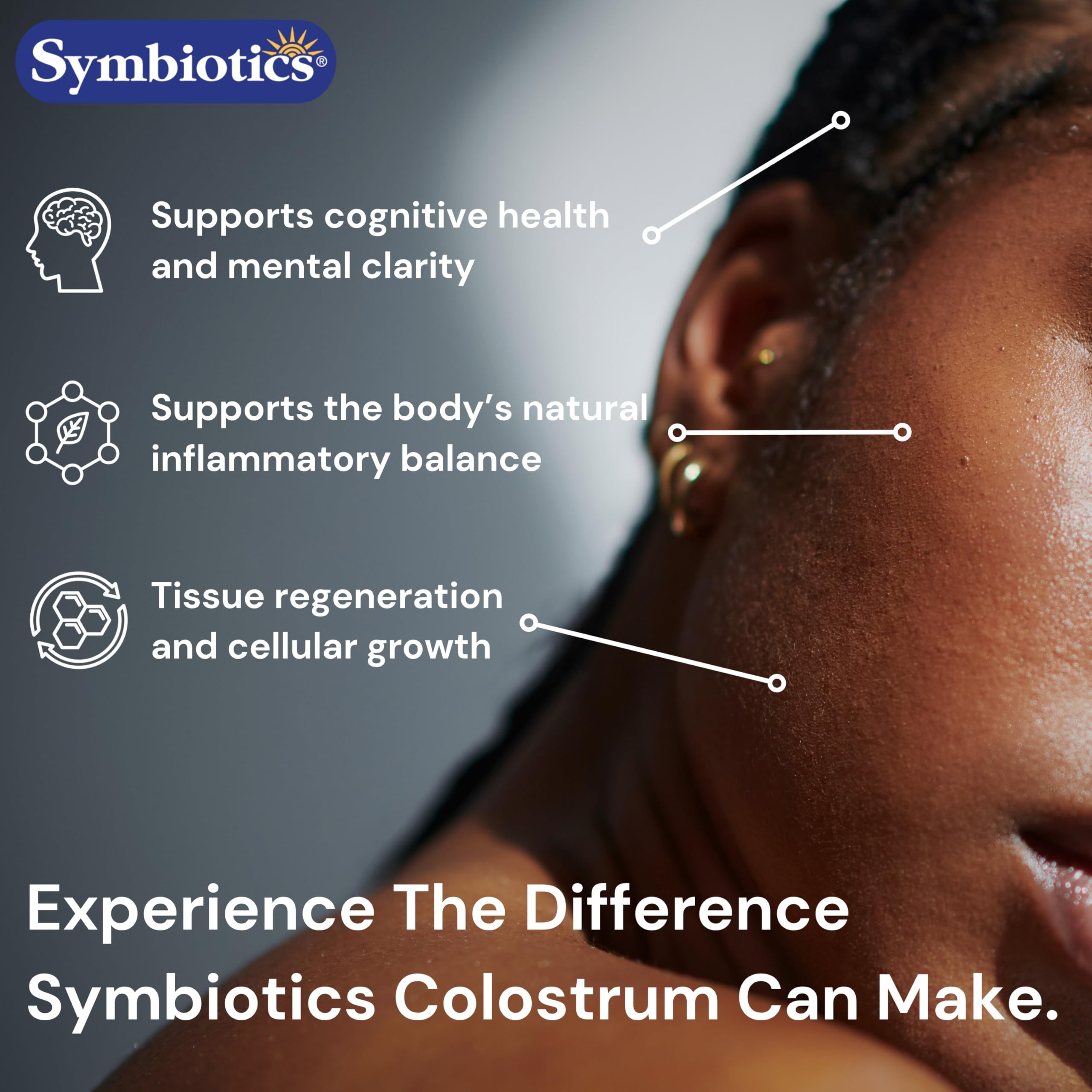 Symbiotics Colostrum Plus label highlights 25% IgG antibodies