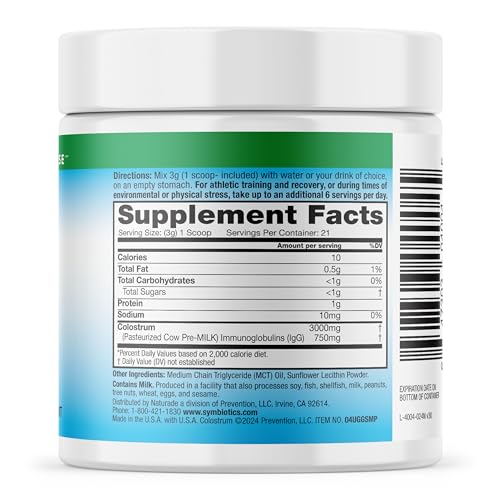 Symbiotics Colostrum Plus scoop shows easy daily dosing for gut health