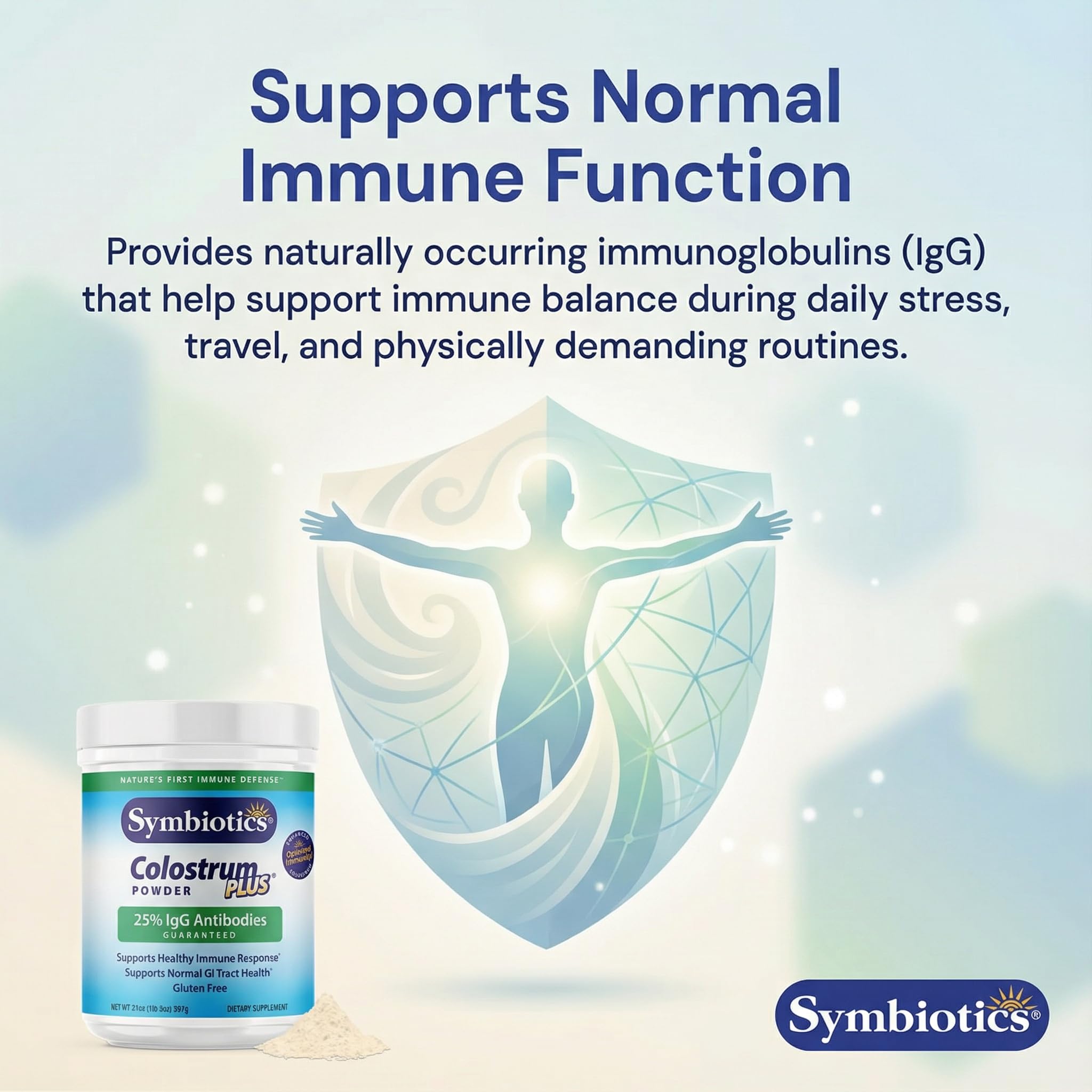 Symbiotics Colostrum Plus powder swirl reveals texture and mixability.