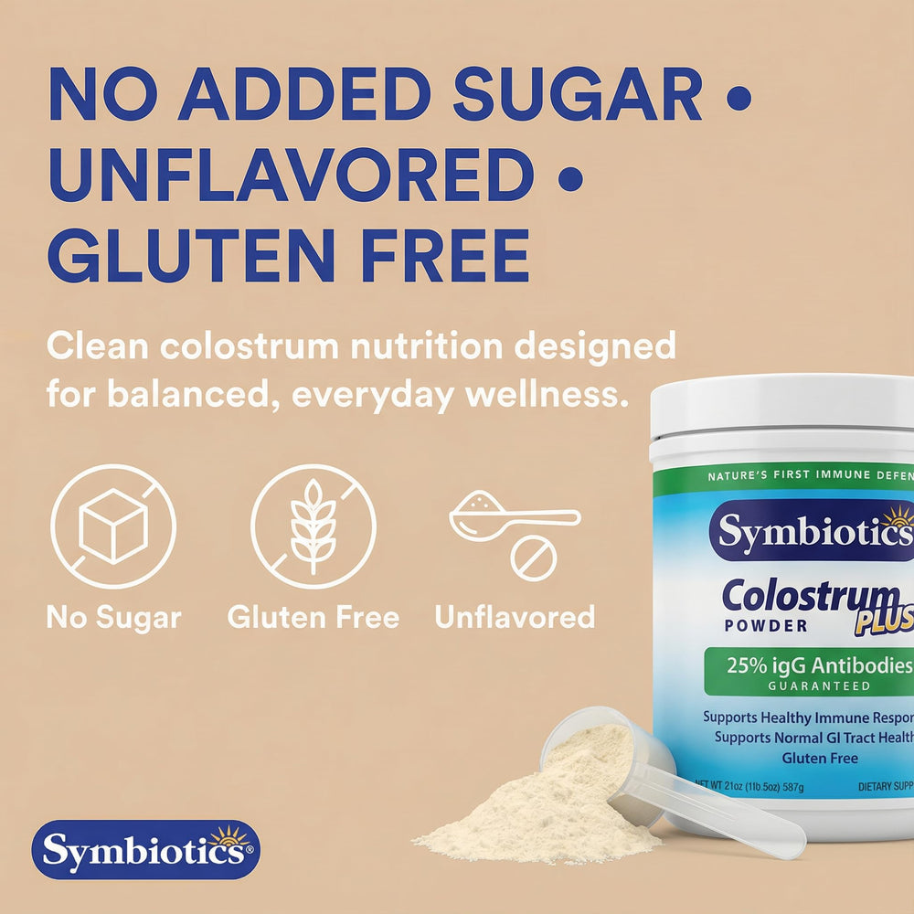 Symbiotics Colostrum Plus serving dispense shows easy daily intake.