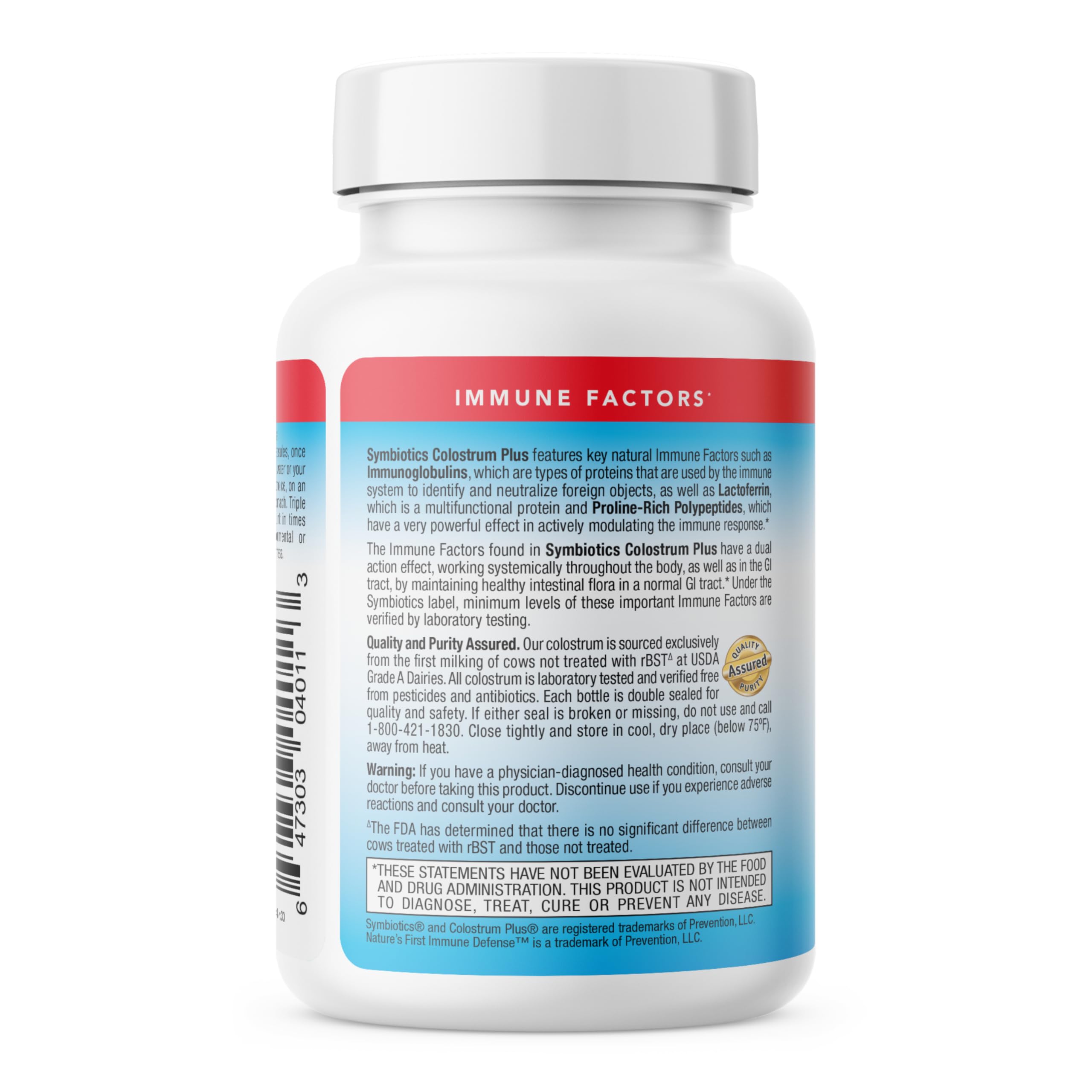 Gluten-free label on Symbiotics Colostrum packaging.