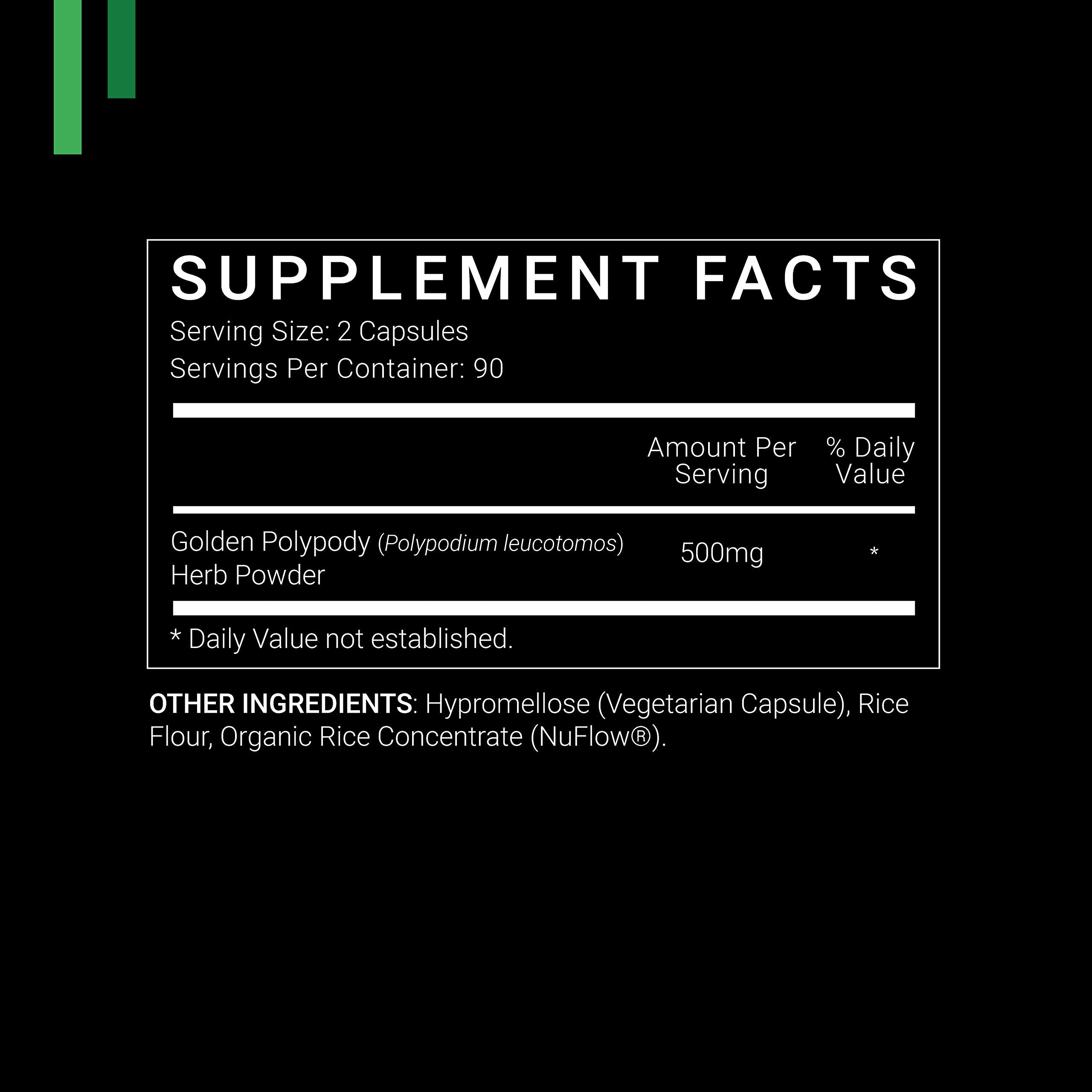 SYMNUTRITION Polypodium Leucotomos capsules close-up highlighting 500mg potency.