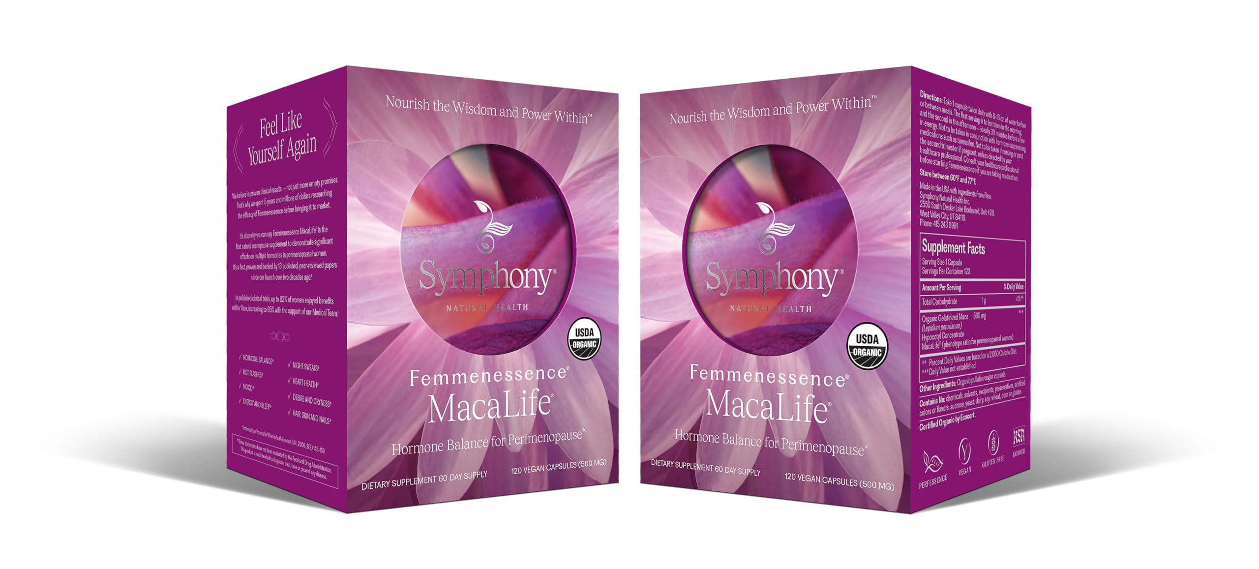 Femmenessence MacaLife bottle shown for daily use with the Symphony Natural Health brand.