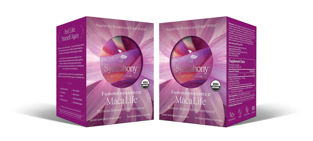 Femmenessence MacaLife bottle shown for daily use with the Symphony Natural Health brand.