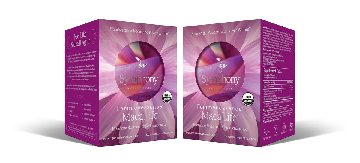 Femmenessence MacaLife bottle shown for daily use with the Symphony Natural Health brand.