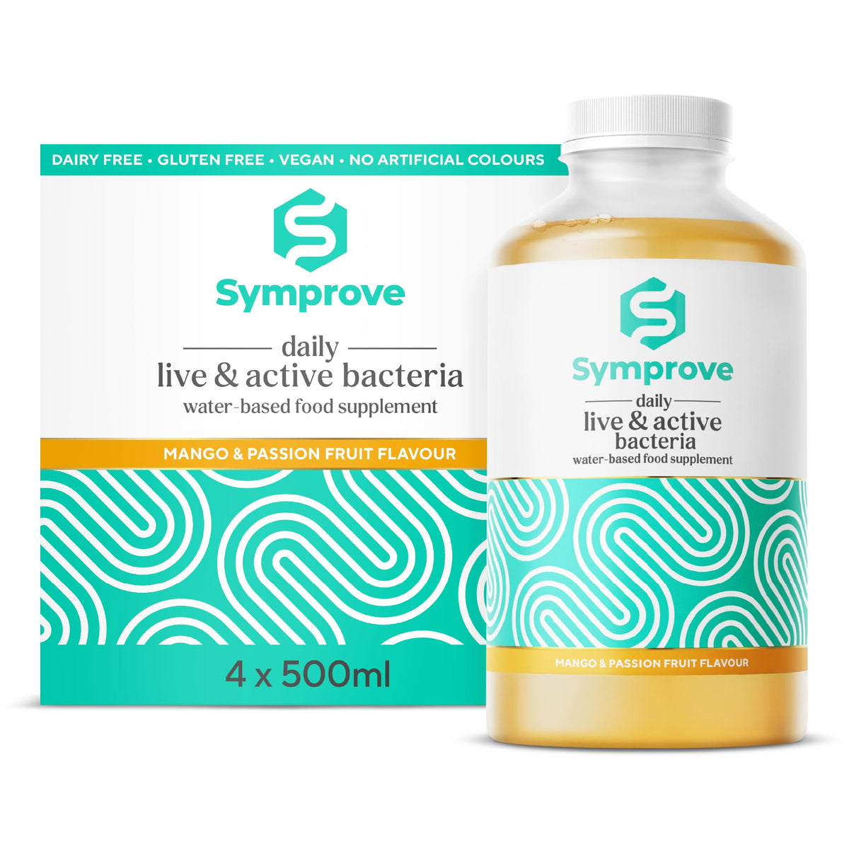 Symprove Mango Passionfruit bottle front showing probiotic benefits