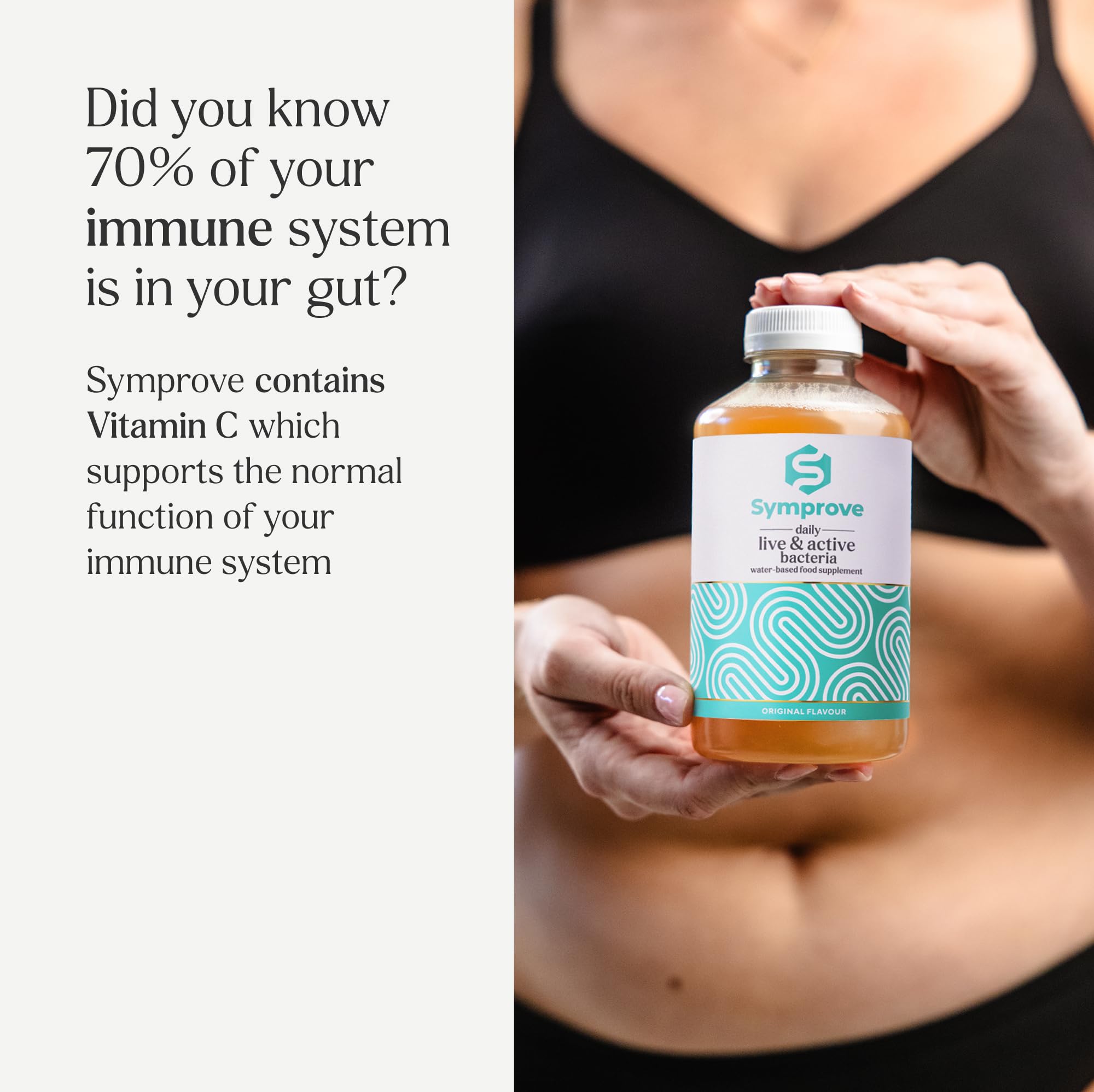 Symprove Mango Passionfruit bottle on counter during morning routine