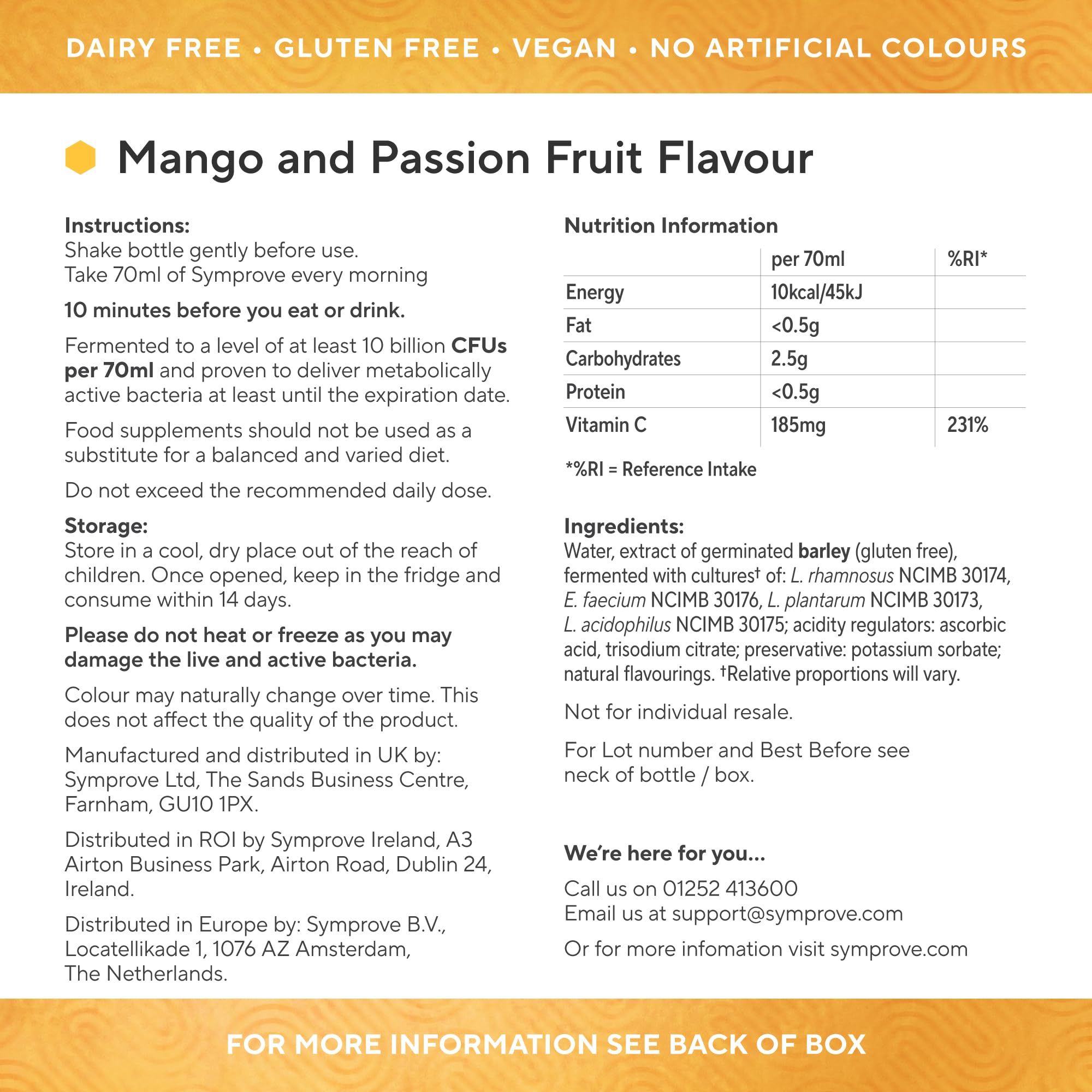 Symprove Mango Passionfruit pour into a glass for daily use