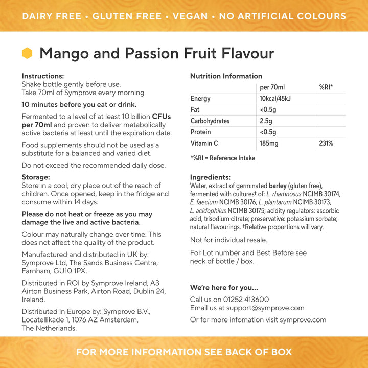 Symprove Mango Passionfruit pour into a glass for daily use