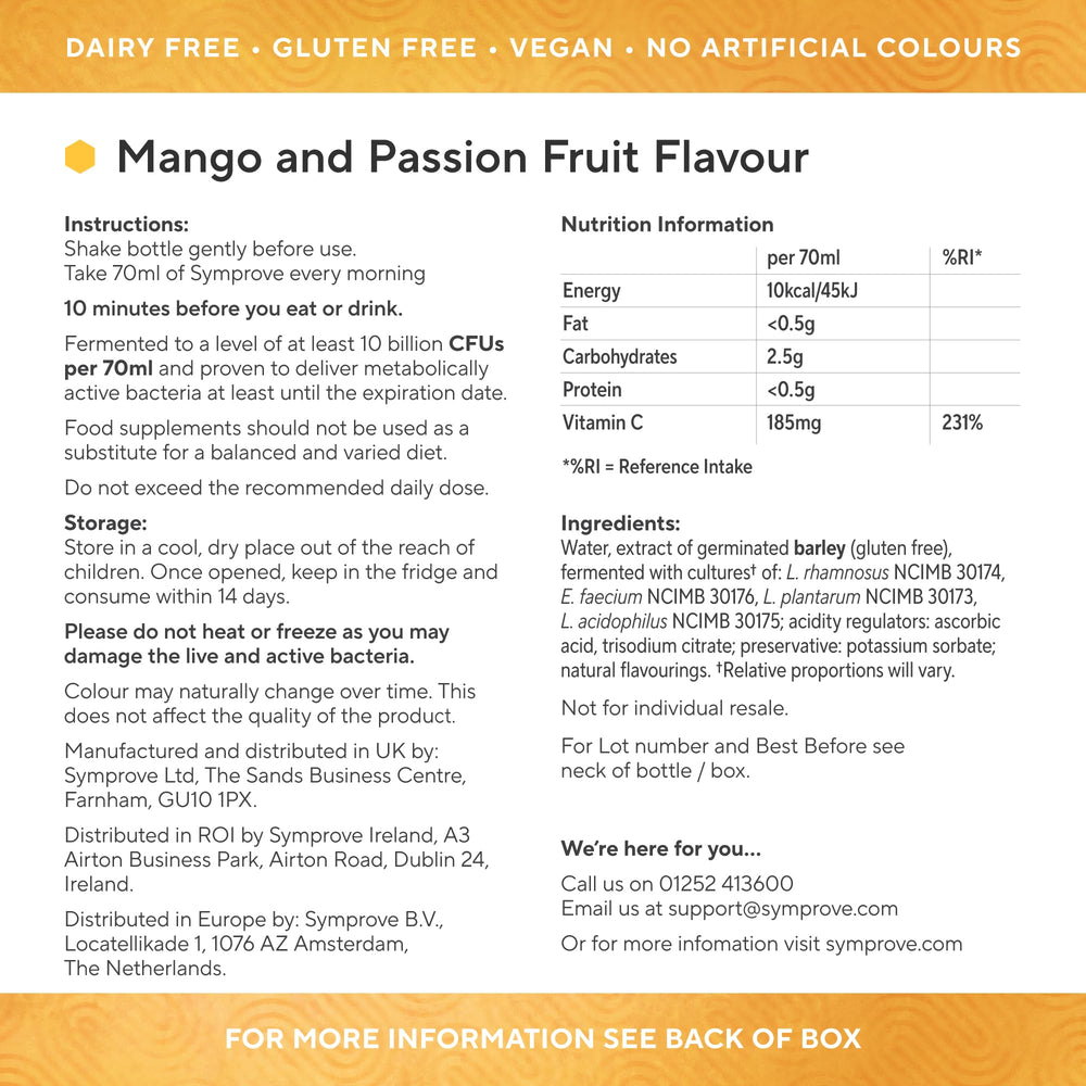 Symprove Mango Passionfruit pour into a glass for daily use