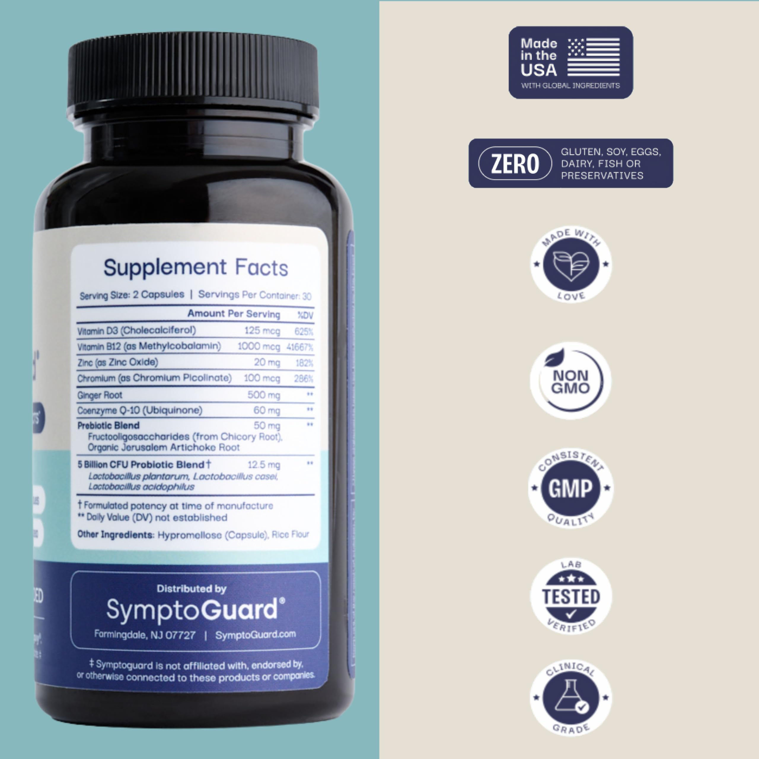 SymptoGuard GLP-1 capsules close-up highlighting easy-to-swallow daily capsules.